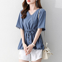 拉夏贝尔旗下夏季新款冲绳系带显瘦收腰百搭上衣女式简约衬衫 XL 蓝色