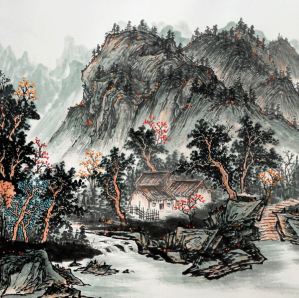 hongyan泓砚周国耀手绘山水画富春山居图217x83cm宣纸实木外框