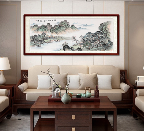 尚得堂手绘国画山水画毛远俊富春山居图16585宣纸沙比利实木框
