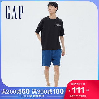 Gap男装纯棉短袖印花T恤701565夏季2021新款上衣 黑色 175/92A(S)