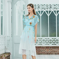 夏装印花v领花边套装碎花连衣裙气质 S 蓝色