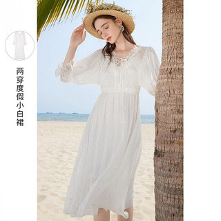 【2021夏新款】连衣裙灯笼袖小白裙女中长裙裙子 M 白色