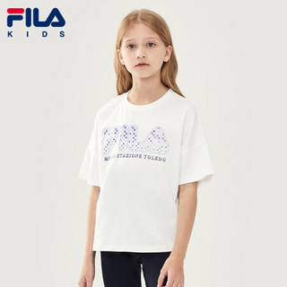 FILA斐乐童装女童针织短袖衫2021年春季新款中大童儿童T恤上衣潮 标准白-WT（宽松版型，建议拍小一码） 130