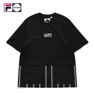 FILA FUSIONx WM白山联名男子短袖衫2021夏秋新款条纹拼接宽松T恤 深黑-BK（宽松版型，建议拍小一码） 180/100A/XL