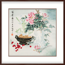 弘舍 韩梅 手绘真迹新中式装饰画《富贵图》成品尺寸75x75cm 宣纸 雅致胡桃