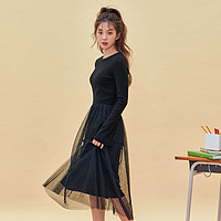 韩版女款修身显瘦网纱拼接中长款连衣裙 M 黑色加厚