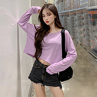 韩版马卡龙女装上衣纯色学生打底宽松长袖T恤 L 紫色
