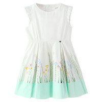 商场同款安奈儿童装女童夏款无袖圆领连衣裙2021新款时尚荷叶边设计印花淑女裙 米白 130cm