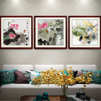 尚得堂 子恒《写意三联画-荷花》50×50cm 山水画客厅装饰画简约沙发背景墙壁