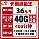 China unicom 中国联通 长期联通流量王 36包40G国内通用+400分钟 全国通用不限速永久套餐