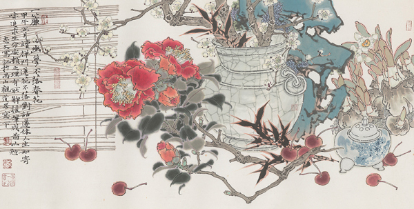 橙舍戴志文植物花卉装饰画四季同春装裱60x120cm宣纸鎏金框