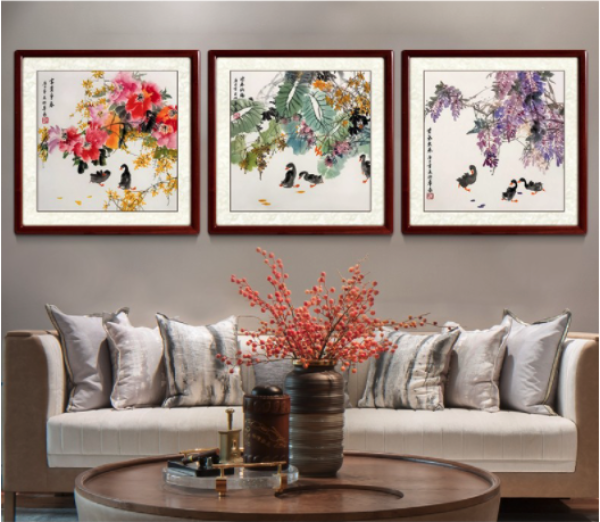 dexitang得玺堂朱佑华富贵争春6565cm三联画国画中式花鸟山水画玄关