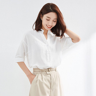 宽松慵懒人棉衬衣 2021春夏新款时尚显瘦法式短袖女式衬衫 M 白色