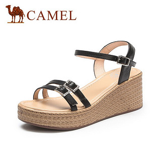 CAMEL 骆驼 女鞋 都市简约风方扣加缀牛皮双细带草编高跟凉鞋 A120076348 黑色 39