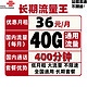 China unicom 中国联通 长期联通流量王 36包40G国内通用+400分钟 不限速全国通用永久手机卡流量卡校园卡