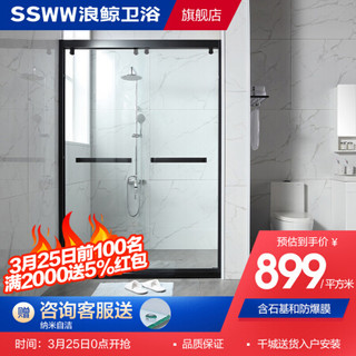 SSWW浪鲸卫浴 淋浴房一字型玻璃隔断 雅黑简约整体淋浴房 双开门定制淋浴房 EB31-Y22 3.2平方 镜光色一字屏淋浴房