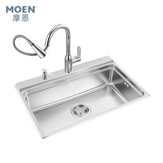 摩恩（MOEN）家用厨房不锈钢大单槽 厨房水池洗菜盆 765MM大空间厨盆水槽套装 高抛精铜抽拉厨房冷热水龙头