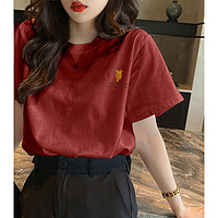 左胸图案印花T恤女2021短袖女夏新款韩版时尚简约个性短袖潮 M 深红