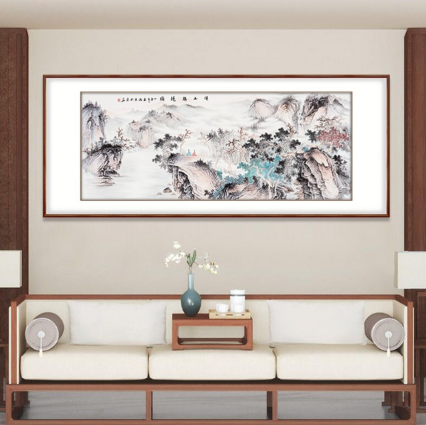 弘舍 王浩 仿古山水画《溪山胜境》成品尺寸240x105cm 宣纸 雅致胡桃