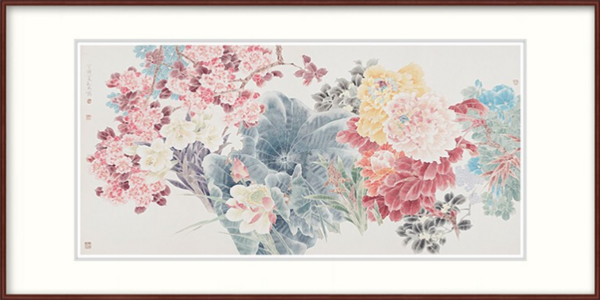 橙舍 戴志文 花卉工笔画国画《百花争艳》装裱90x180cm 宣纸 雅致红褐