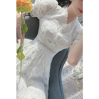 2021夏季新款V领拼接镂空刺绣气质白色蕾丝连衣裙 M 白色