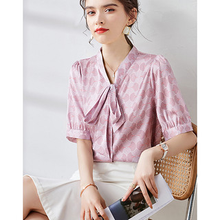衬衫2021夏季新款气质温婉领口仿醋酸缎面薄款舒适女短袖衬衫 XL 粉色