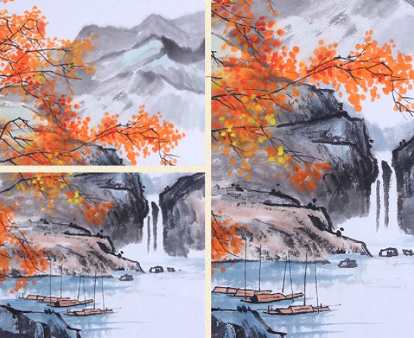 尚得堂梁芳纯手绘国画山水画清秋泊船装裱50x50cm宣纸手工绫绢装裱