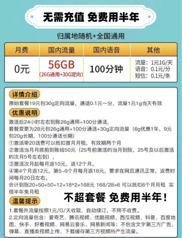 CHINA TELECOM 中国电信 半年免充卡 0元月租（26G通用流量+30G定向流量+100分钟国内通话）