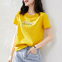 夏季新品字母刺绣时尚圆领套头简约纯棉舒适宽松短袖女式T恤 XL 姜黄
