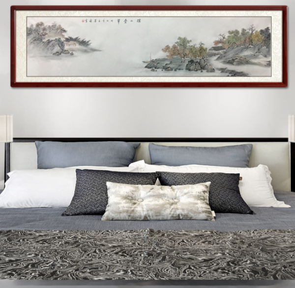 尚得堂 墨翁 手绘山水画水墨画《溪山叠翠》装裱156x46cm 宣纸 手工绫