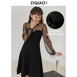 ZIQIAO 自巧 小个子法式连衣裙春装2021年新款女赫本风小黑裙蕾丝拼接裙子 黑色 M
