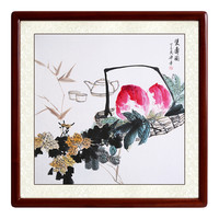 尚得堂 梁芳 双寿图 65x65cm 圆角棕色实木框
