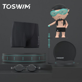 TOSWIM拓胜泳裤男士泳镜泳帽舒适套装温泉度假旅行游泳装备 黑色先锋S