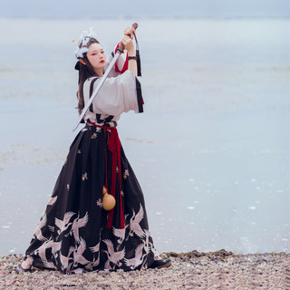 YU ESHANG SHAO 月上梢 晋制汉服 鹤翎 男女款一片式齐腰下裙 黑色 S