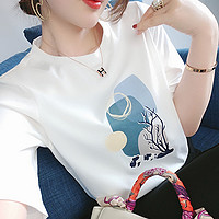 Puella 拉夏贝尔旗下2021夏季基础款纯棉印花短袖T恤女简约圆领上衣