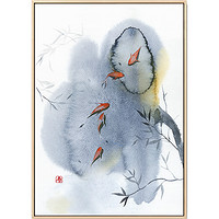 海龙红 中国风荷叶莲花鲤鱼装饰画《莲池戏水D》43x60CM 油画布 原木色外框