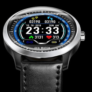 瑞德罗曼 RDLMN58 智能手表 48.5mm 银色不锈钢表壳 黑色真皮表带（ECG、心率监测）