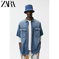 ZARA 08416455427 男装宽松颜料泼溅效果短袖牛仔衬衫