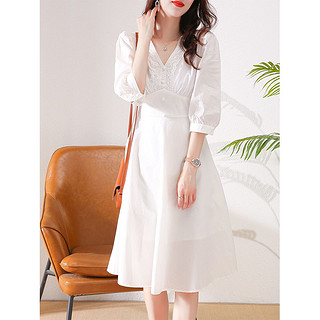 2021夏季新款女装V领气质女神款连衣裙纯色修身显瘦中袖长裙子 S 12白色