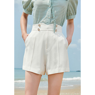 裤子女夏季薄款2021年夏装新款简约松紧高腰休闲直筒短裤 M 本白