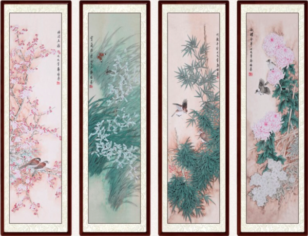 尚得堂 手绘中式国画 工笔梅兰竹菊 46×156cm 真迹四条屏客厅装饰画壁画餐厅墙画