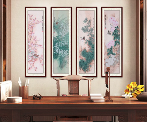 尚得堂 手绘中式国画 工笔梅兰竹菊 46×156cm 真迹四条屏客厅装饰画壁画餐厅墙画