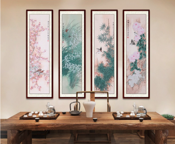 尚得堂 手绘中式国画 工笔梅兰竹菊 46×156cm 真迹四条屏客厅装饰画壁画餐厅墙画
