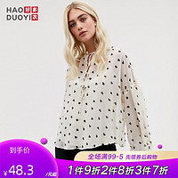 Haoduoyi 简约风镂空绑带设计领口爱心印花落肩灯笼袖衬衫女潮
