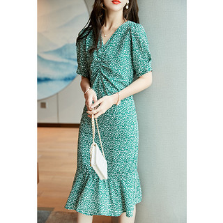 【夏末特惠】女式优雅V领收腰系带设计短袖连衣裙 S 绿色