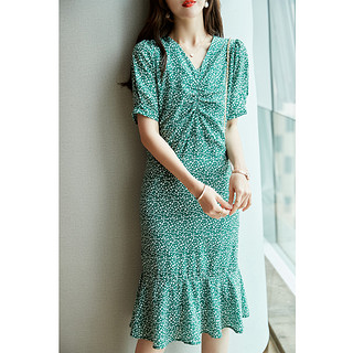 【夏末特惠】女式优雅V领收腰系带设计短袖连衣裙 M 绿色