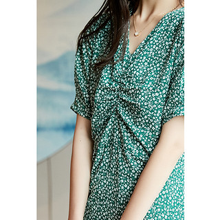 【夏末特惠】女式优雅V领收腰系带设计短袖连衣裙 L 绿色