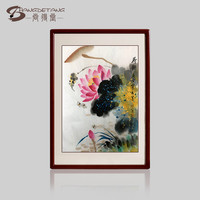 尚得堂手绘国画花鸟画水墨画竖幅荷花三联画客厅挂画装饰画名家真迹 荷花3-沙比利实木框 装裱50*70
