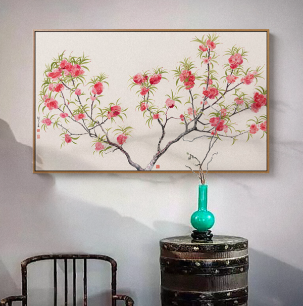 仟象映画薛继业植物花卉装饰画a款桃花100x60cm油画布浅木色实木框