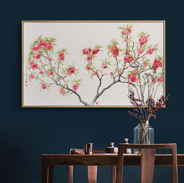 仟象映画薛继业植物花卉装饰画a款桃花100x60cm油画布浅木色实木框